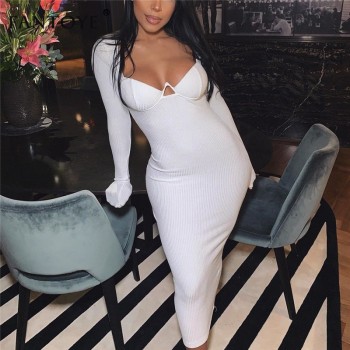 Knitted Deep V-Neck Sexy Bodycon Dress Women White Long Sleeve Bandage Pencil Dress